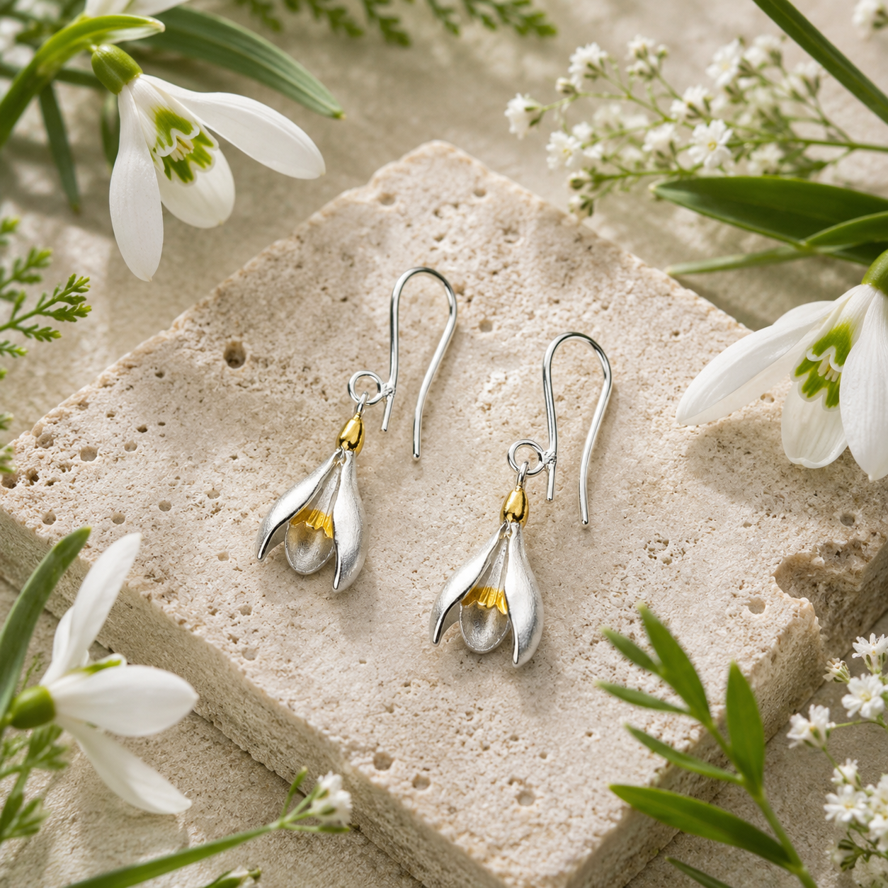Snowdrop Earrings in Sterling Silver & Gold - Twelve Silver Trees