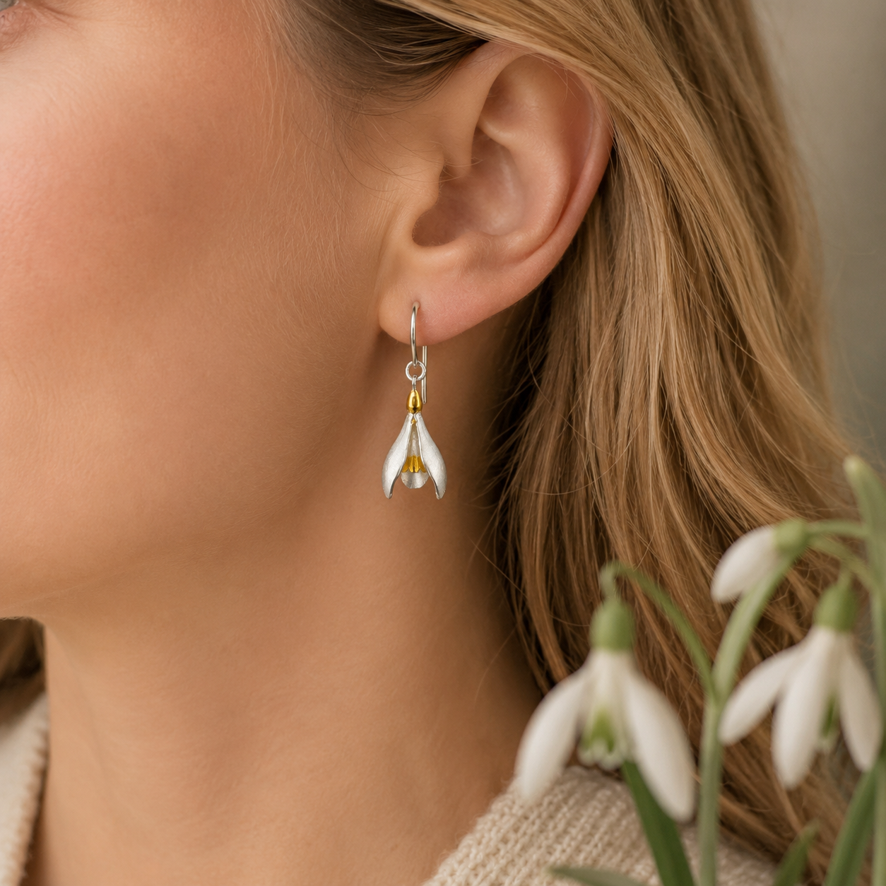 Snowdrop Earrings in Sterling Silver & Gold - Twelve Silver Trees