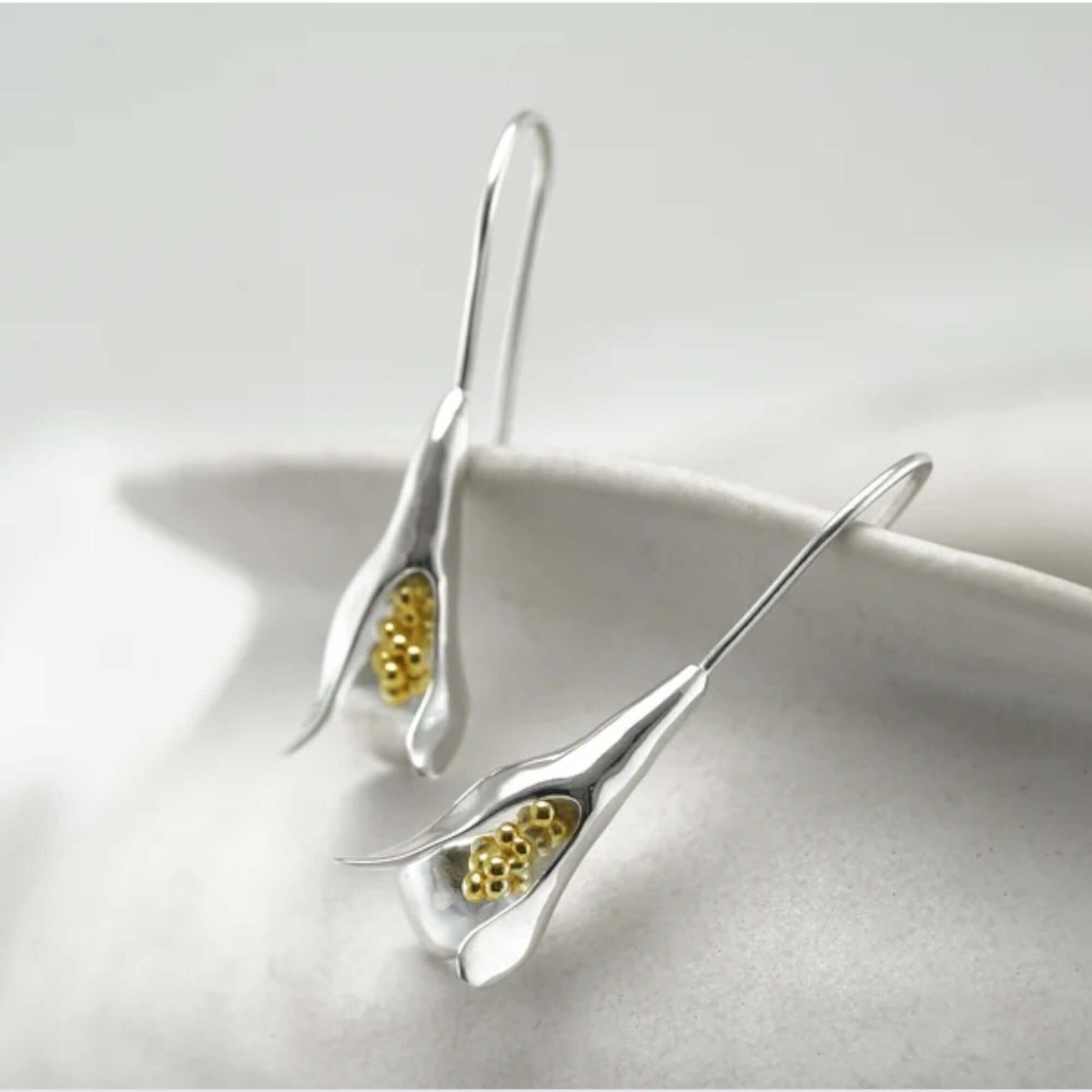 Contemporary Snowdrop Flower Earrings in Sterling Silver & Gold - Twelve Silver Trees