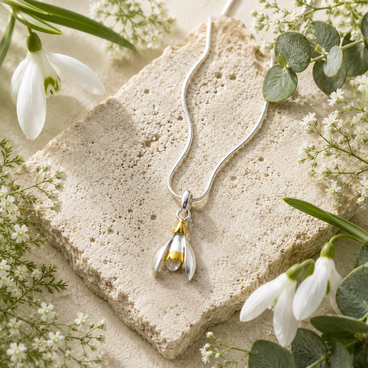 Snowdrop Flower Pendant In Silver And Gold - Twelve Silver Trees