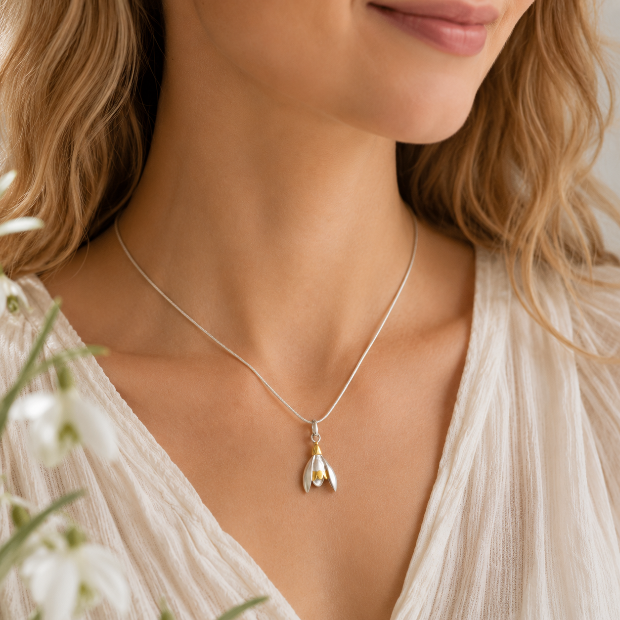 Snowdrop Flower Pendant In Silver And Gold - Twelve Silver Trees