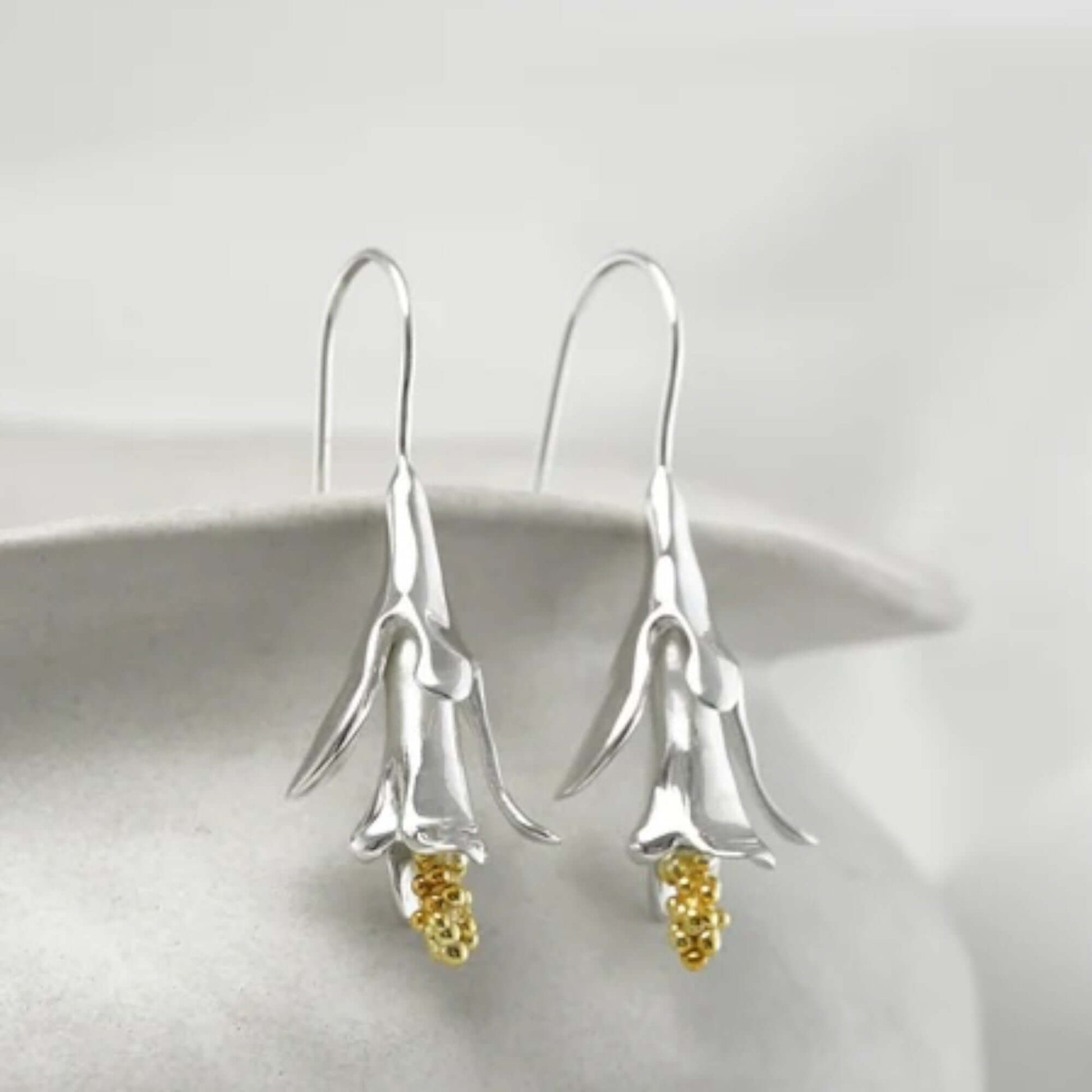 Statement Contemporary Floral Drop Earrings in Sterling Silver & Gold - Twelve Silver Trees