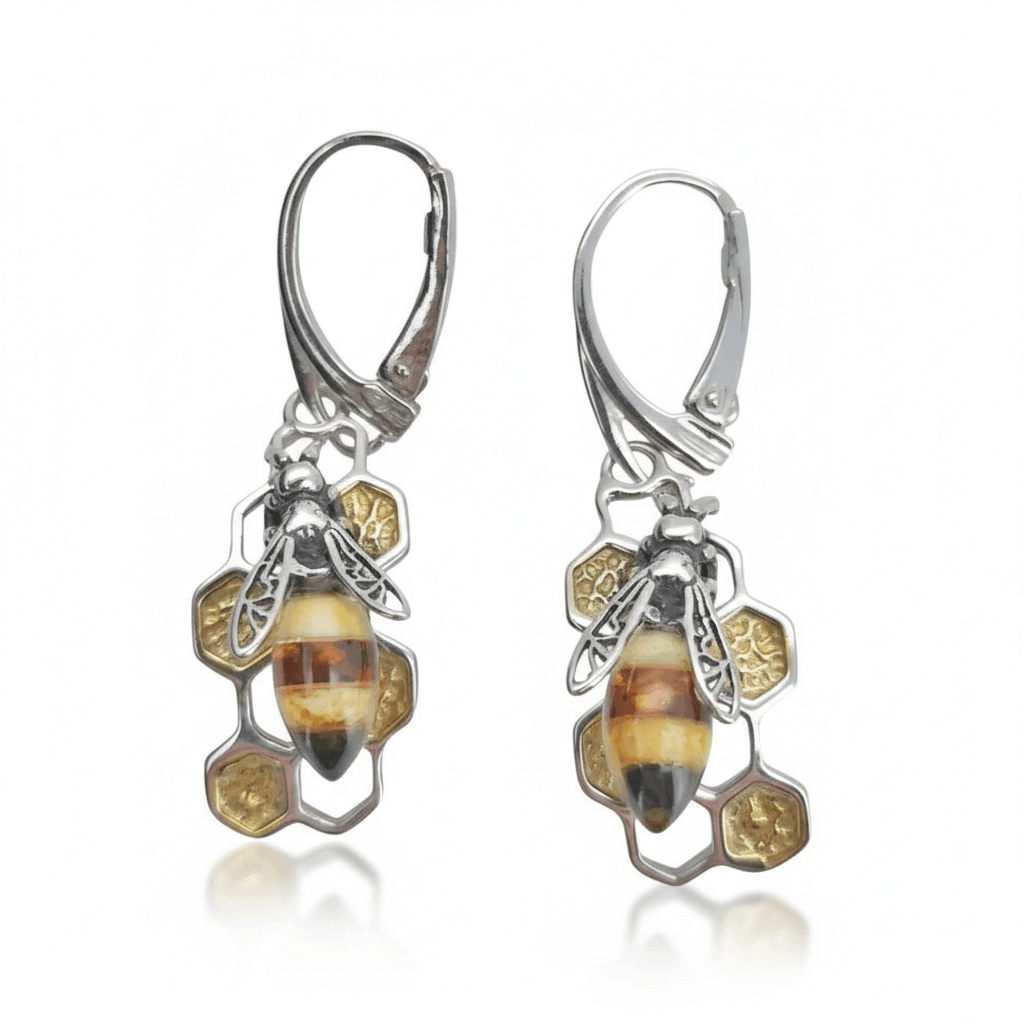 Detailed sterling silver bee and honeycomb earrings with multi-colour Baltic amber - Twelve Silver Trees
