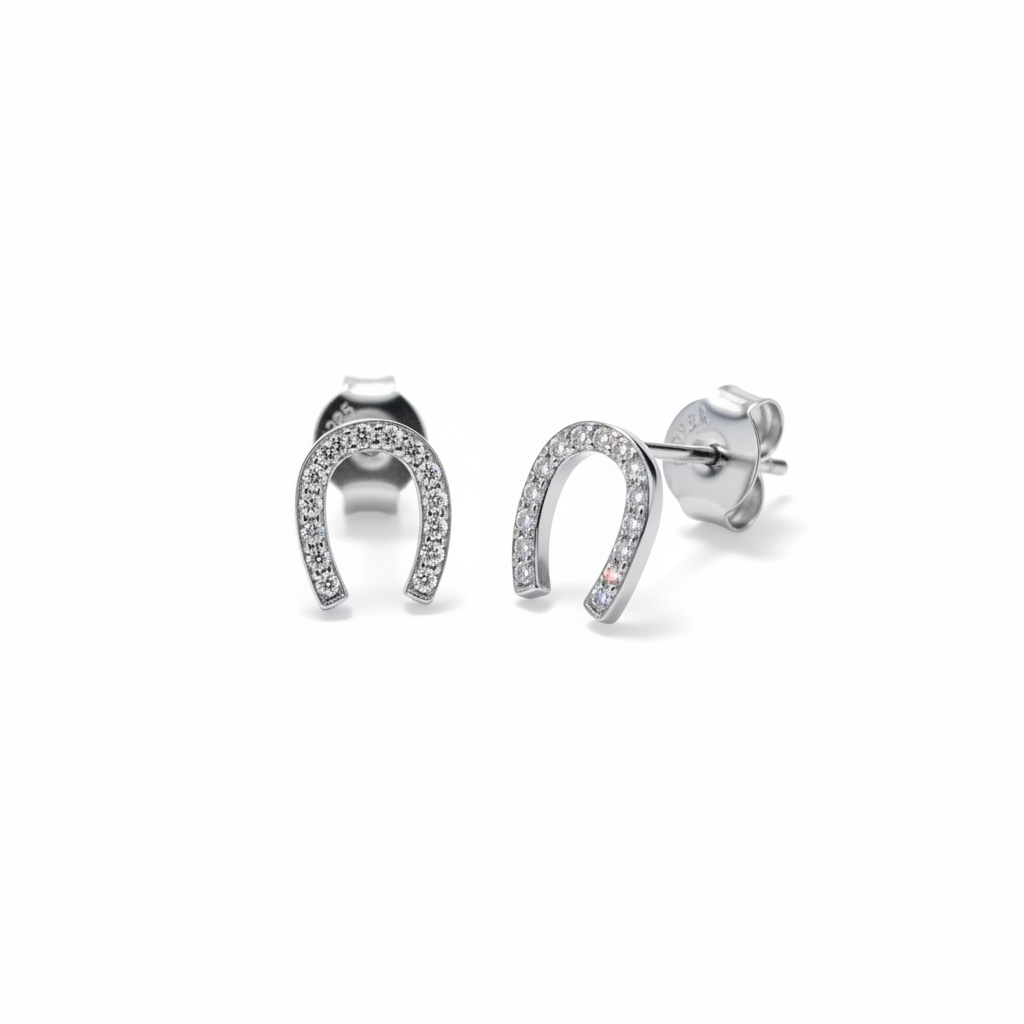 Sterling silver horseshoe stud earrings set with cubic zirconia stones and butterfly backs