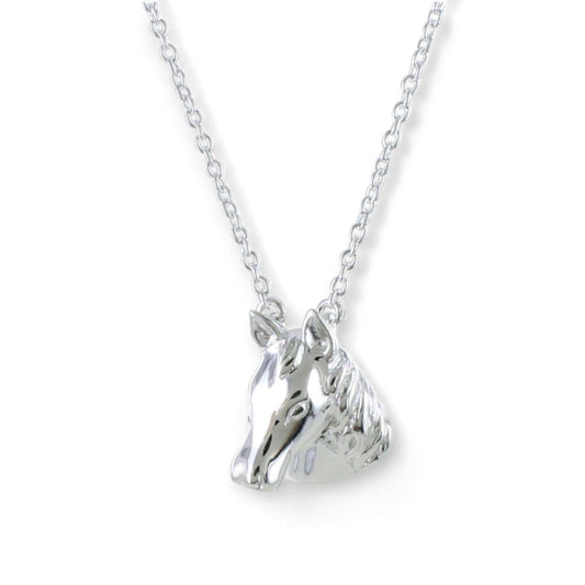 Sterling silver horse head necklace with polished finish on a white background