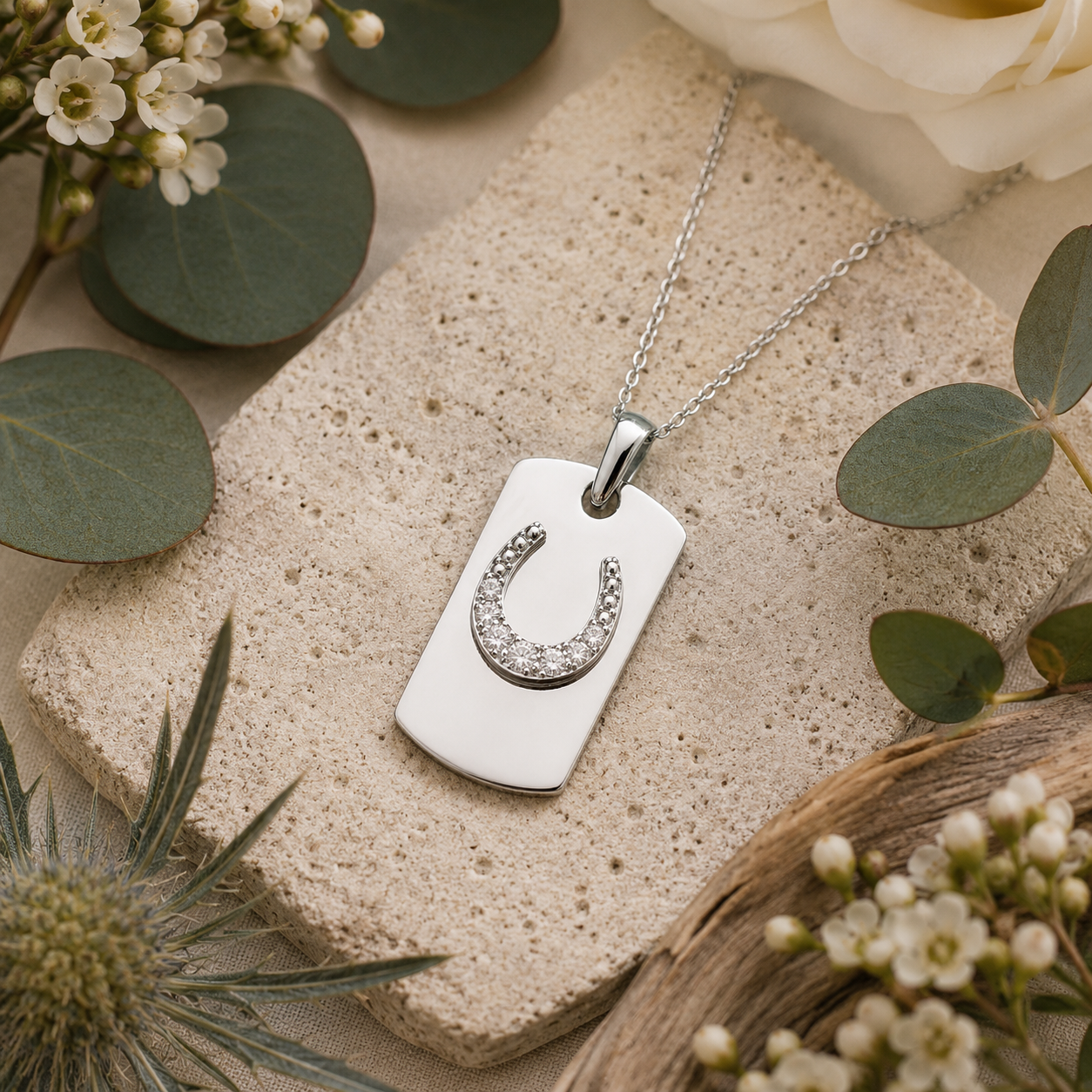 Sterling Silver Horseshoe Tag Pendant Necklace - Twelve Silver Trees