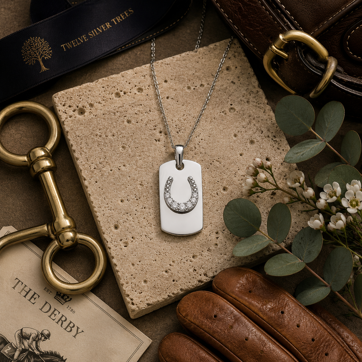 Sterling Silver Horseshoe Tag Pendant Necklace - Twelve Silver Trees