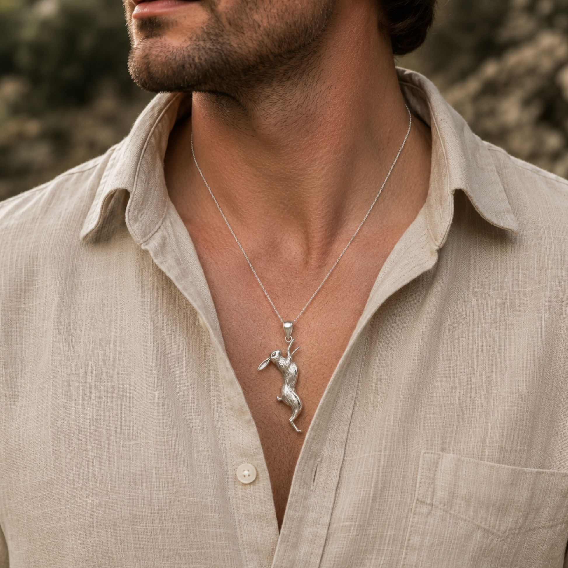 Sterling silver March hare pendant necklace worn by a man with an open collar linen shirt.