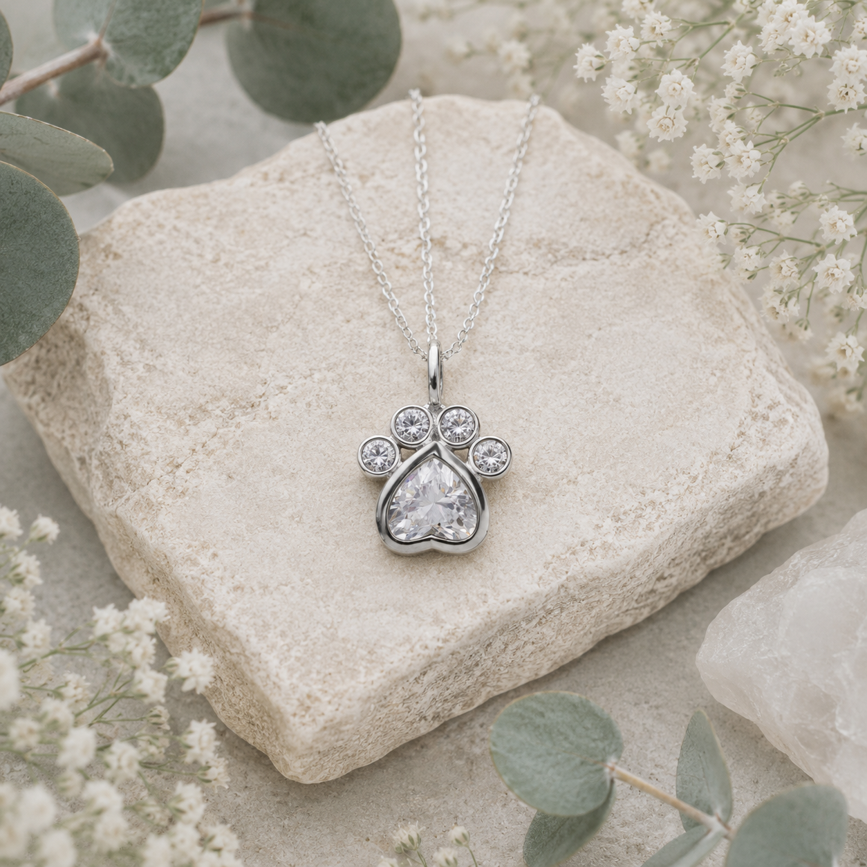 Sterling silver paw print pendant necklace displayed on natural stone with botanical styling