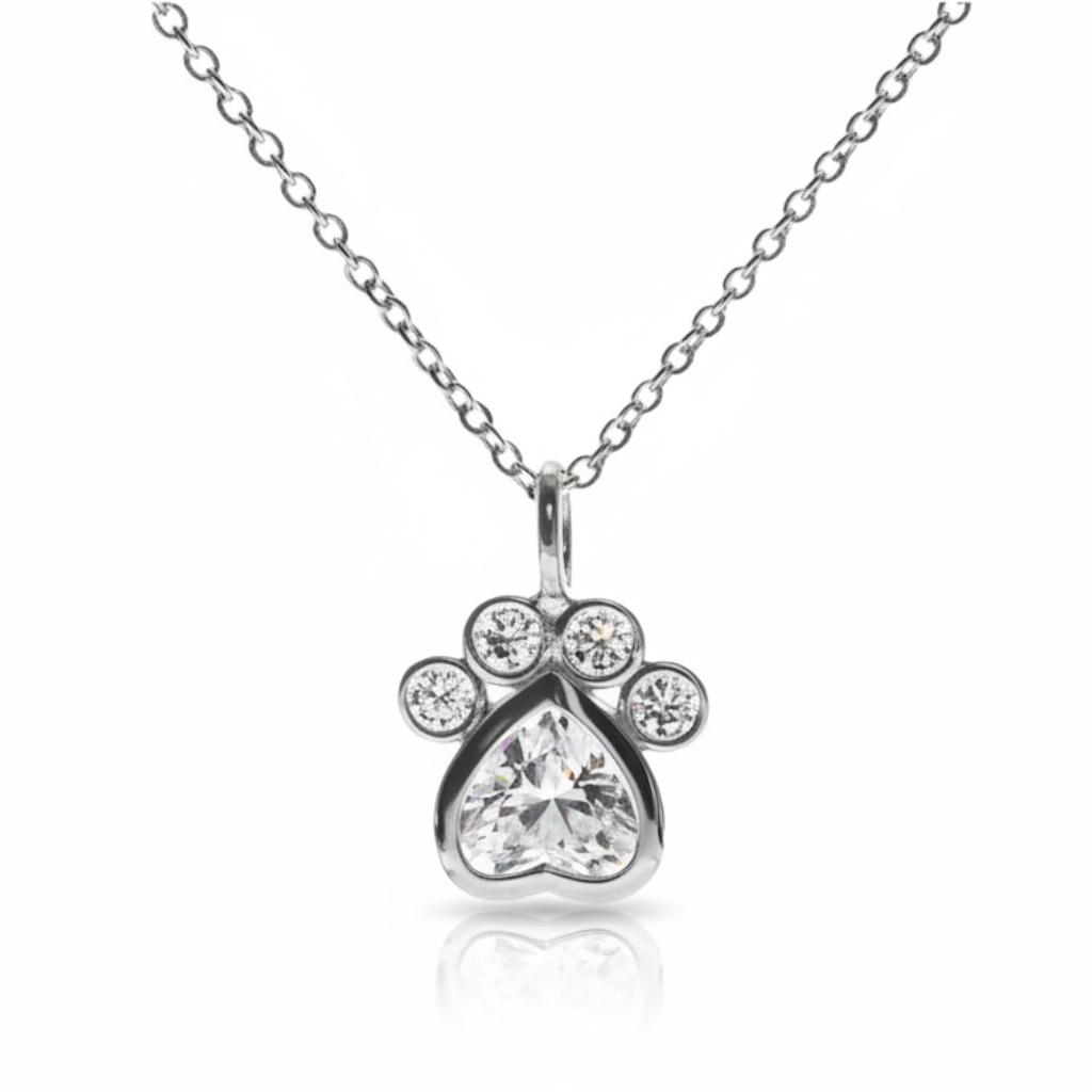 Sterling silver paw print pendant necklace with cubic zirconia stones on a fine chain