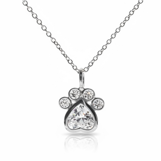 Sterling silver paw print pendant necklace with cubic zirconia stones on a fine chain