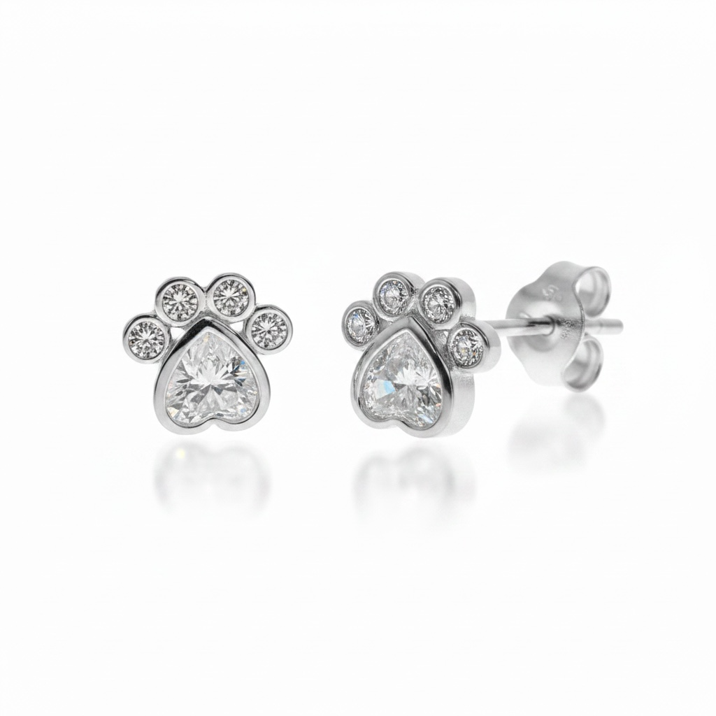 Sterling silver paw print stud earrings with cubic zirconia stones and butterfly backs