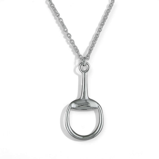Sterling silver single snaffle pendant necklace on chain with polished equestrian-inspired design on white background
