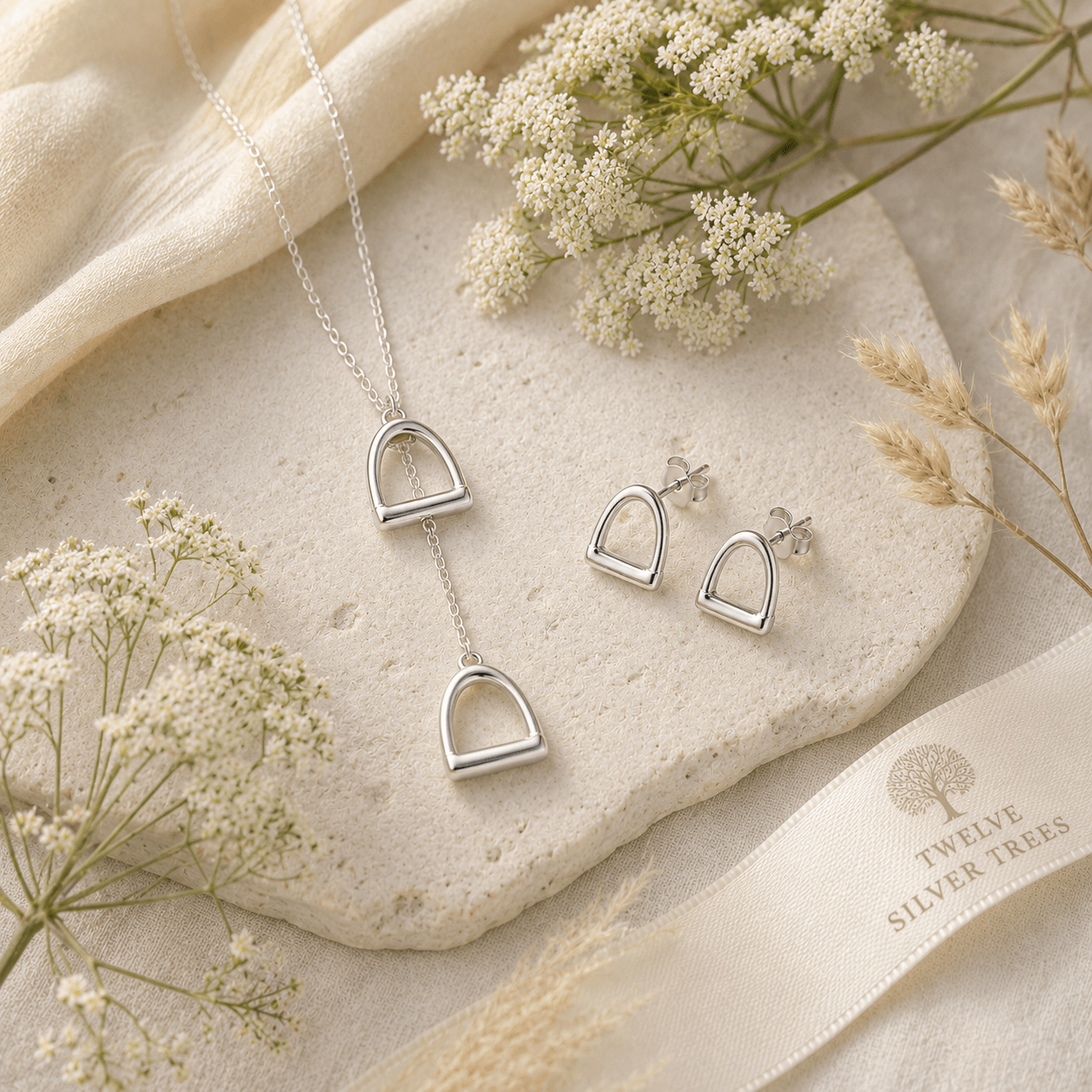 Small Sterling Silver Stirrup Necklace & Earring Gift Set - Twelve Silver Trees