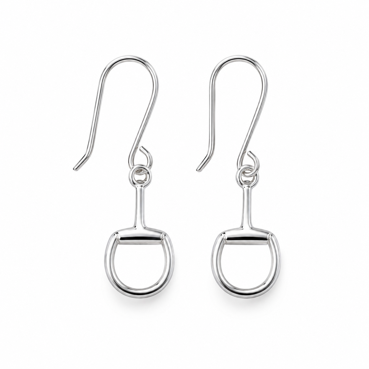 Elegant sterling silver snaffle bit drop earrings with polished finish photographed on a minimalist white background