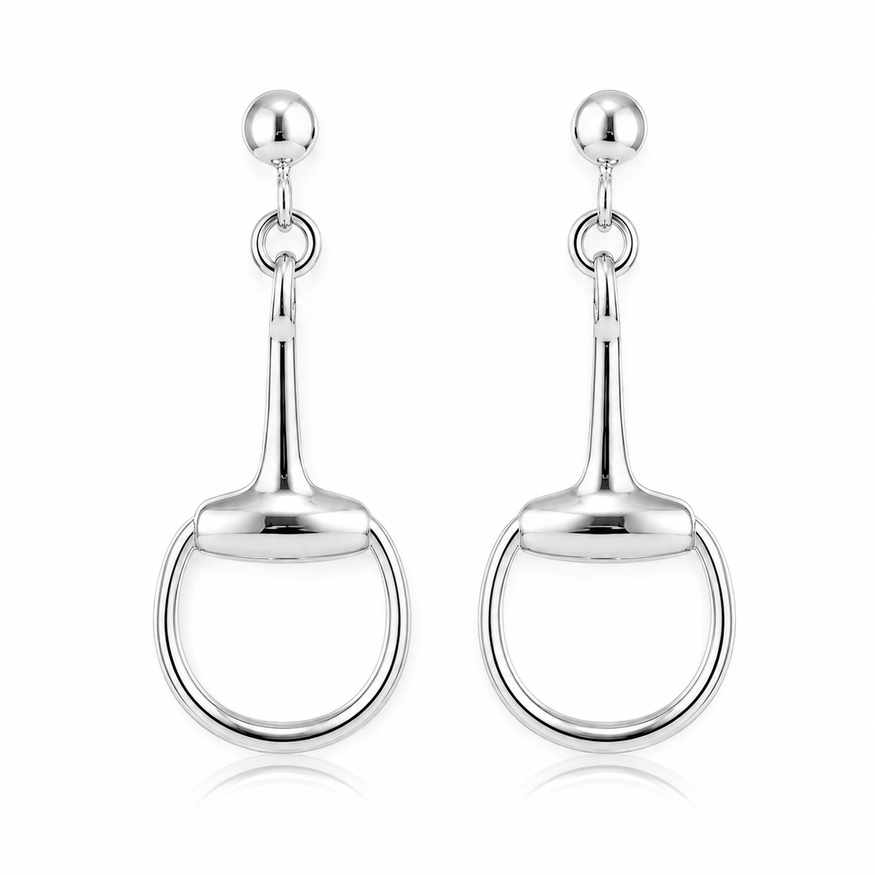 Sterling silver snaffle drop stud earrings with polished equestrian bit design on white background