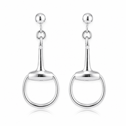 Sterling silver snaffle drop stud earrings with polished equestrian bit design on white background