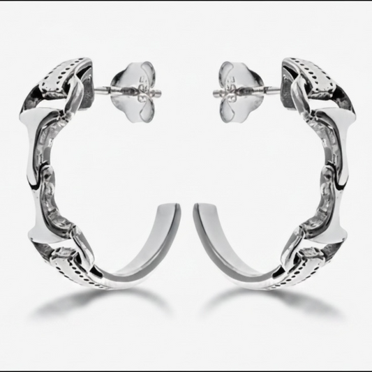 Sterling silver snaffle half hoop earrings with equestrian bit detail and stud fastening