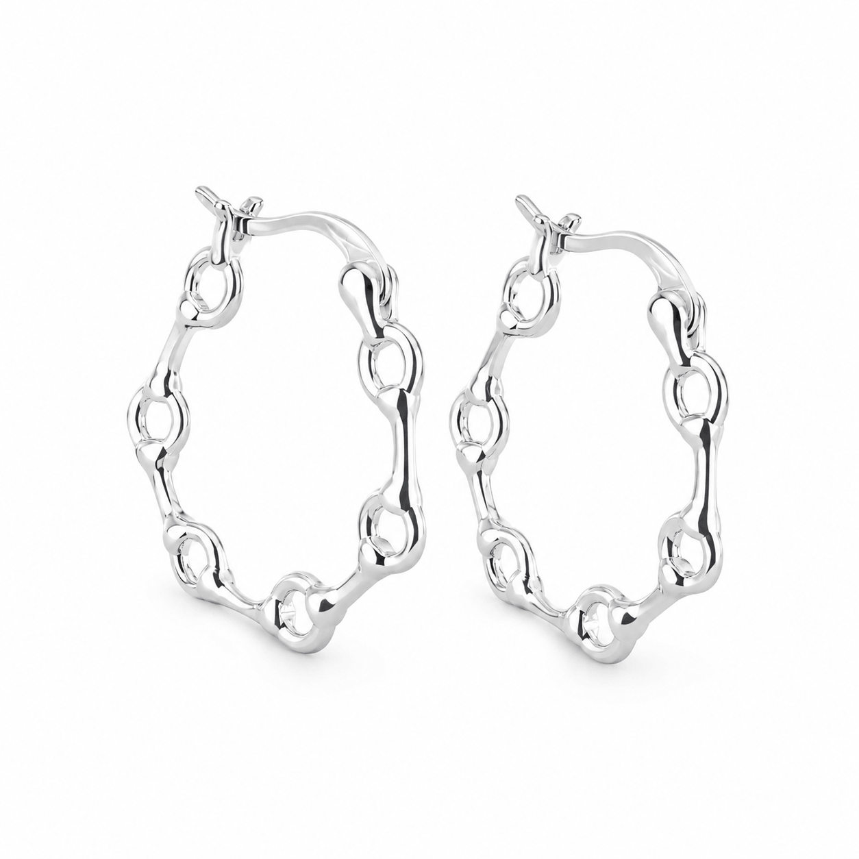 Sterling silver snaffle hoop earrings with polished equestrian-inspired link design on a white background