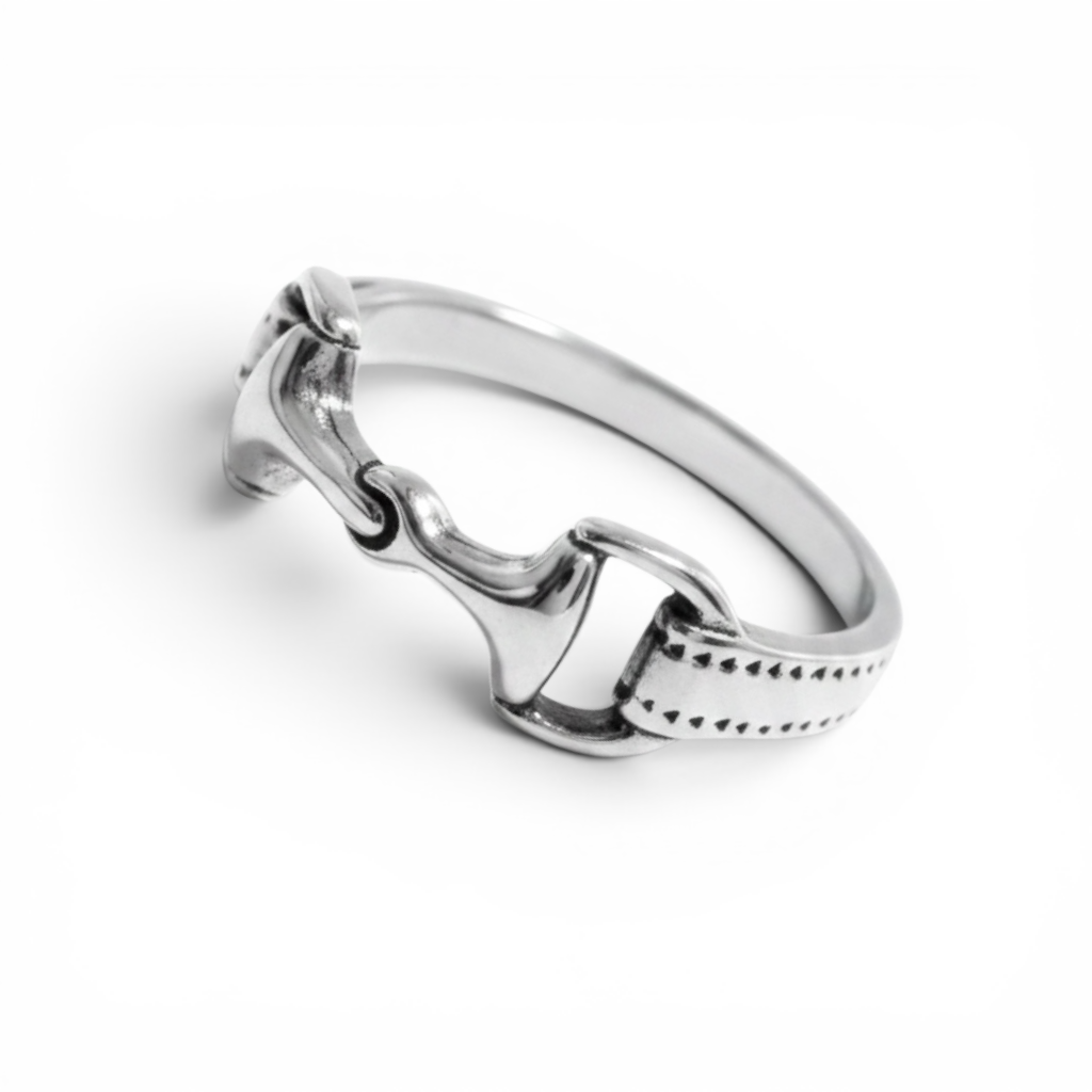 Angled view of a sterling silver equestrian snaffle ring with polished finish