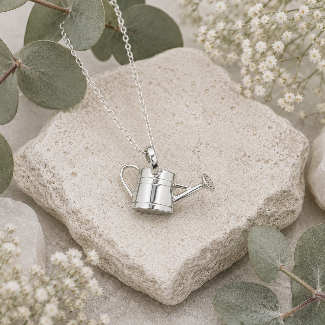 Sterling silver watering can pendant necklace styled on natural stone with eucalyptus and delicate white flowers.