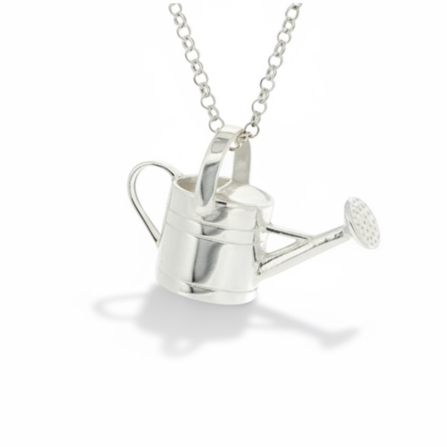 Sterling silver watering can pendant necklace on chain with polished finish and detailed watering rose.