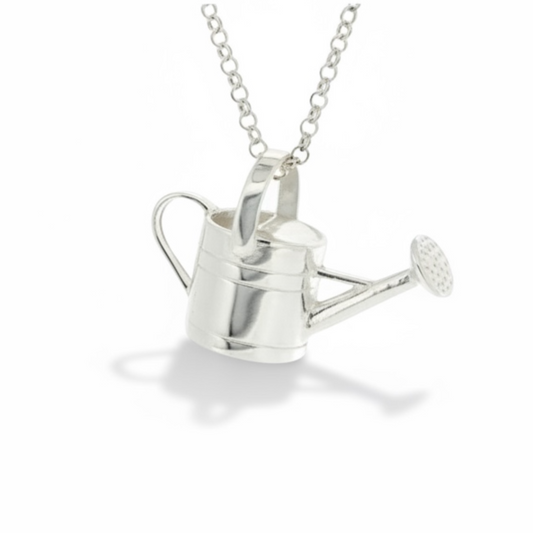Sterling silver watering can pendant necklace on chain with polished finish and detailed watering rose.