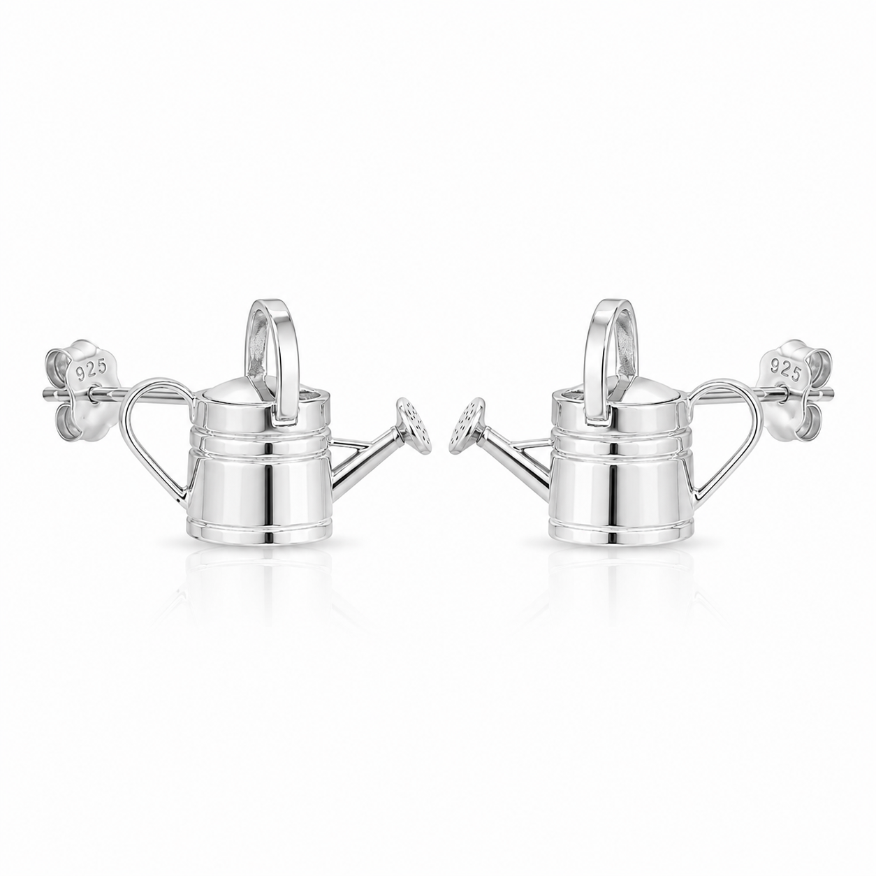 Pair of sterling silver watering can stud earrings with polished finish shown on a white background.