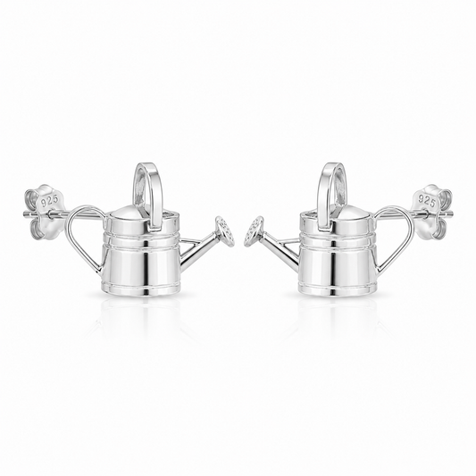 Pair of sterling silver watering can stud earrings with polished finish shown on a white background.