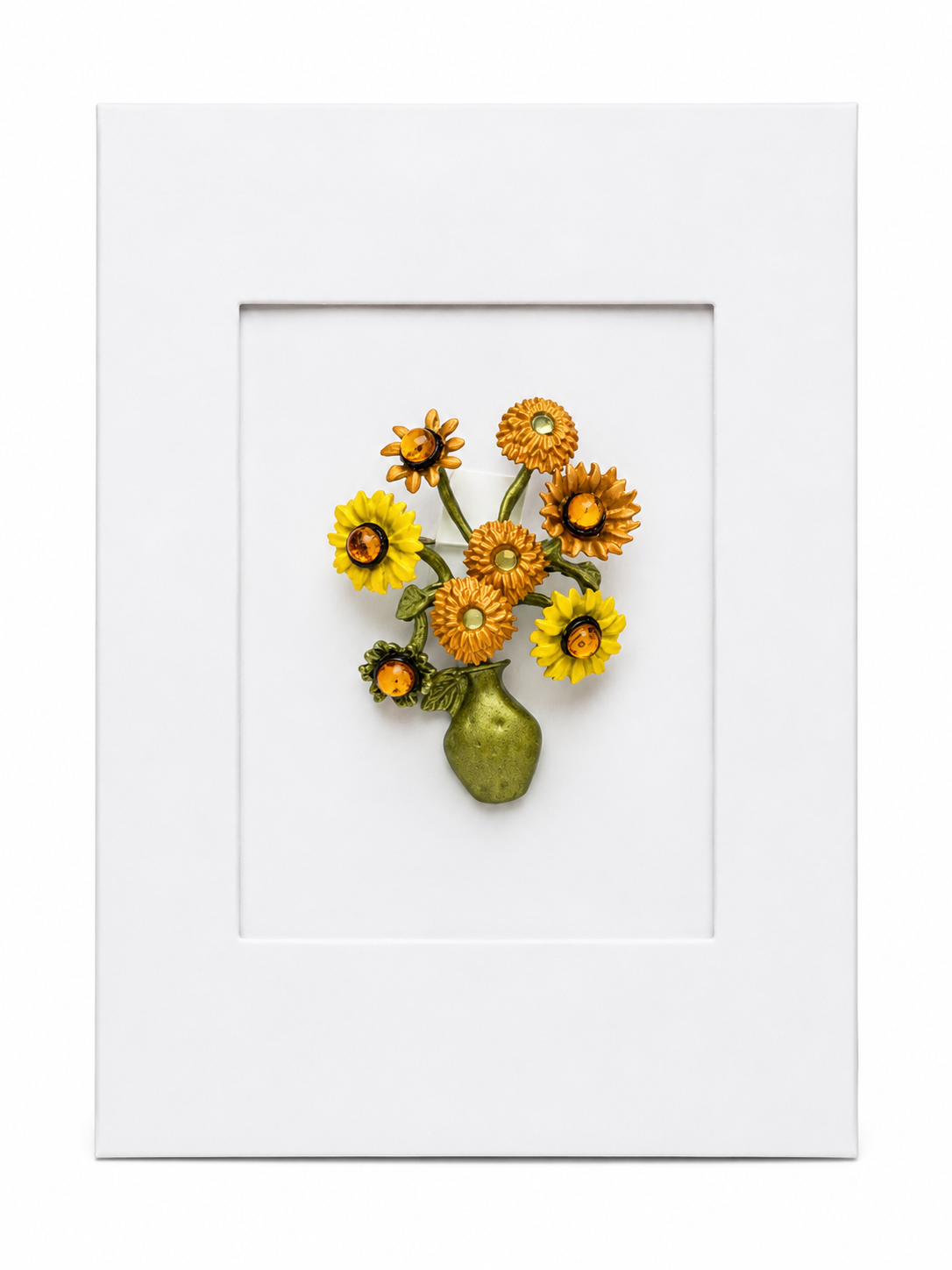 Keepsake brooch card featuring a vase of sunflowers brooch with amber crystal accents on a white display card