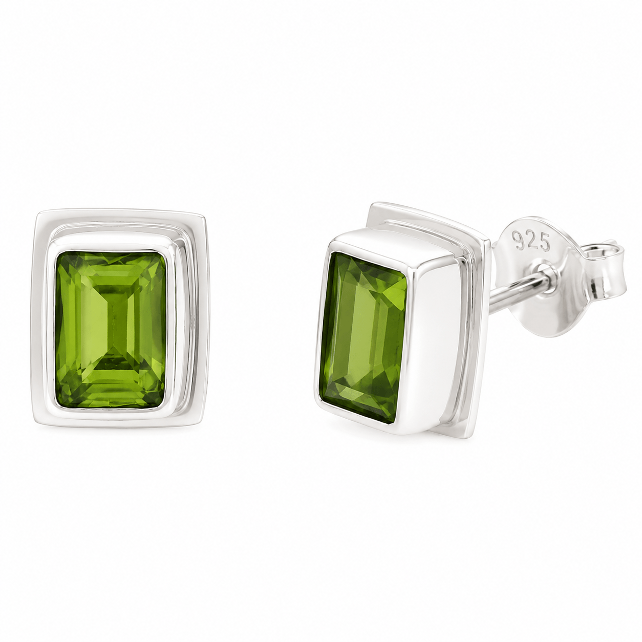 Sunlit Earth Natural Peridot Rectangle Sterling Silver Stud Earrings - Twelve Silver Trees