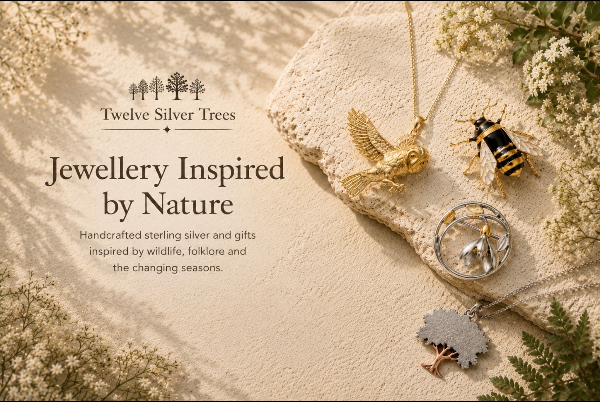 Twelve Silver Trees homepage hero featuring handcrafted sterling silver and gifts inspired by wildlife, folklore and the changing seasons, displayed on a botanical stone flat lay with nature-inspired jewellery.