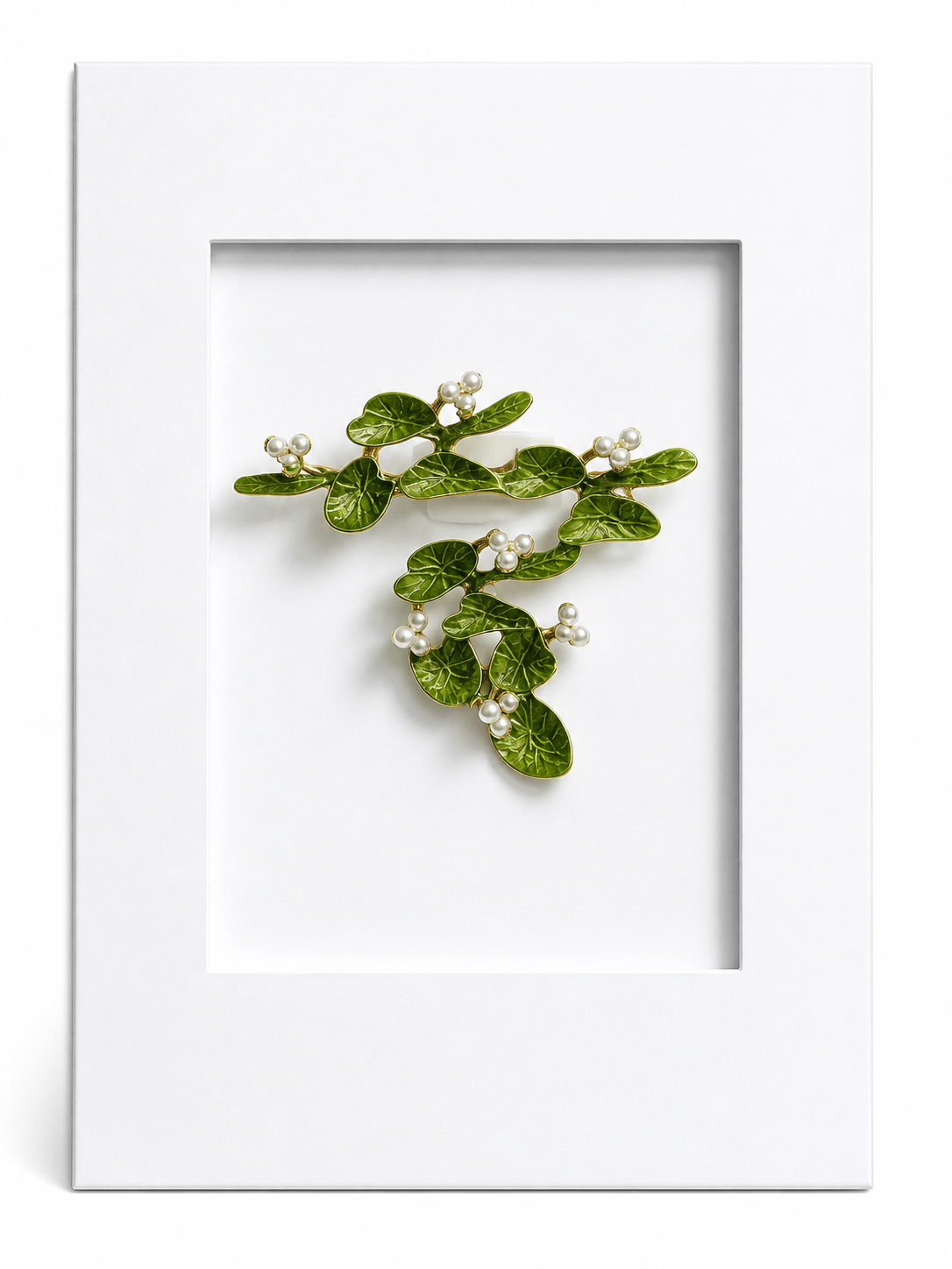 Elegant Water Lily Keepsake Card featuring a botanical enamel brooch inspired by floating lily pads, finished with delicate faux pearl detailing and mounted on a textured greeting card.