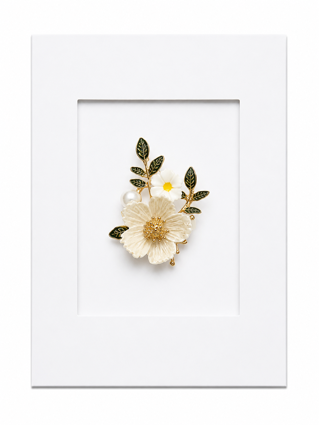 Keepsake brooch card featuring a delicate white flower brooch with pearl accents and green leaves on a white display card