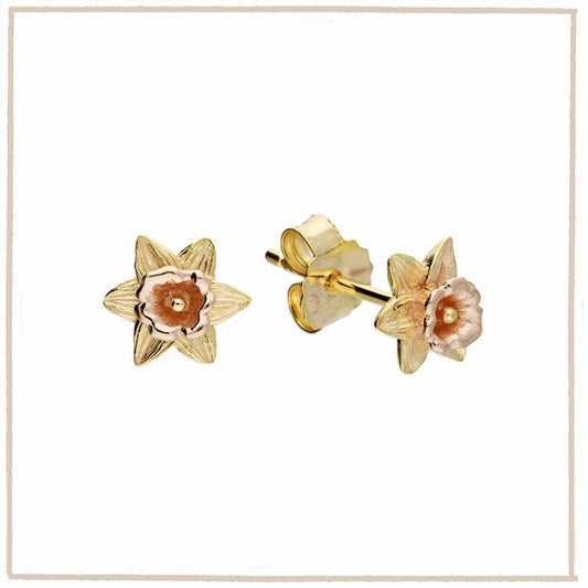 2 Tone Daffodil Stud Earrings in Sterling Silver & 18 Carat Gold - March Birth Flower - Twelve Silver Trees