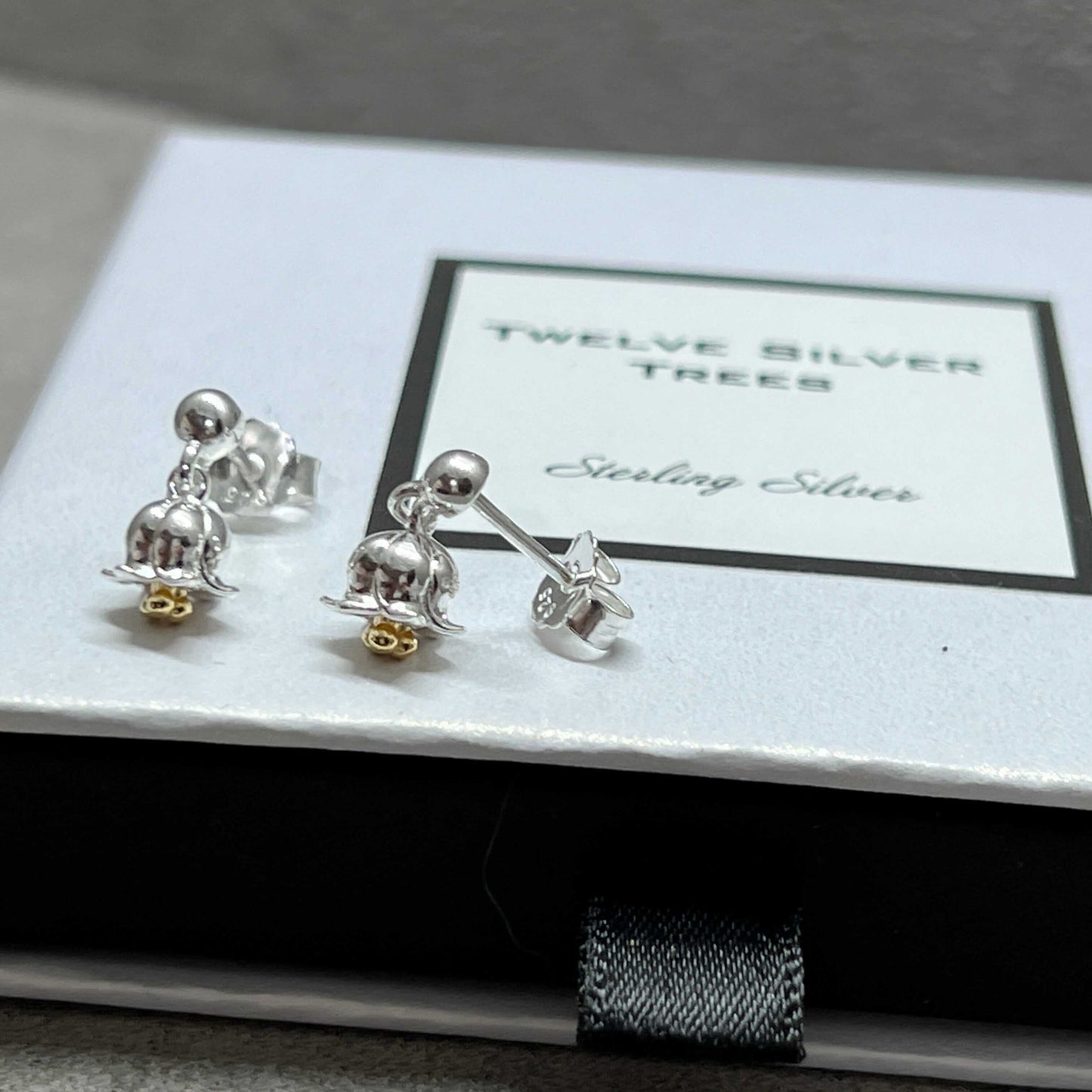 2 Tone Lily Of The Valley Stud Earrings in Sterling Silver & 18 Carat Gold - May Birth Flower - Twelve Silver Trees