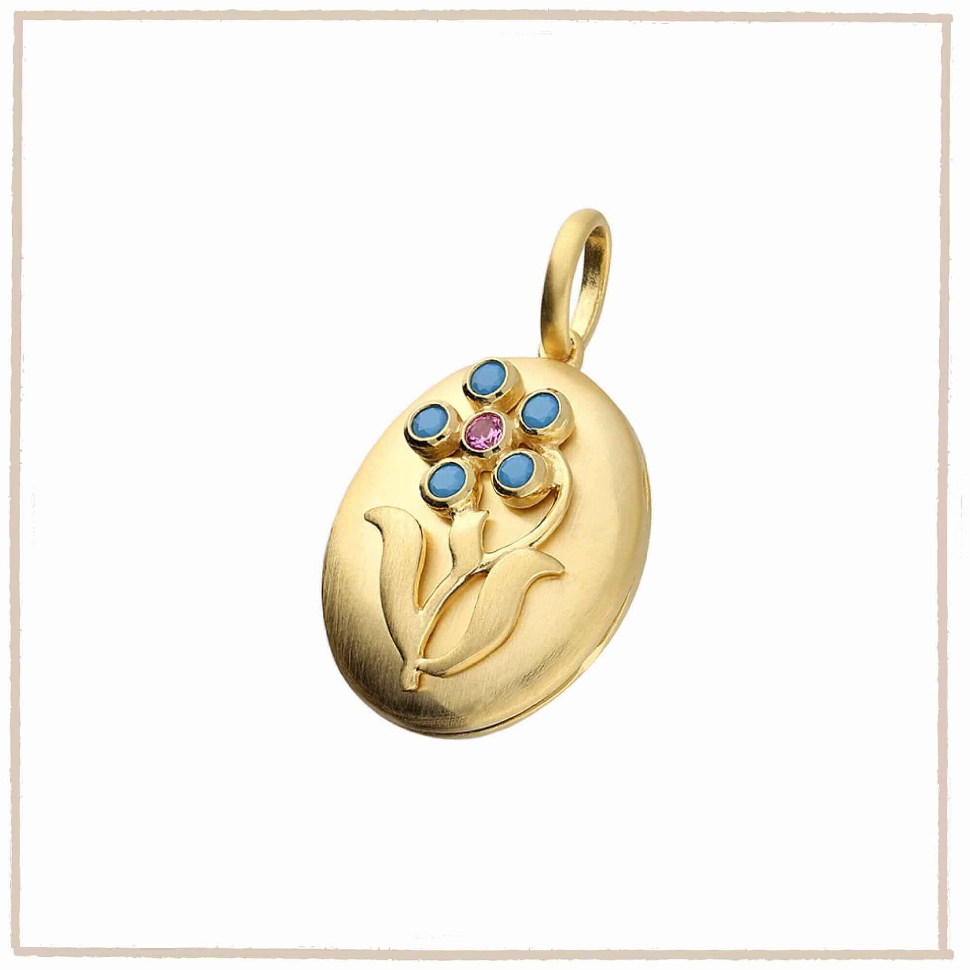 Arts & Crafts Style Forget Me Not Flower Locket With 18 ct Gold & Turquoise in Sterling Silver - Twelve Silver Trees