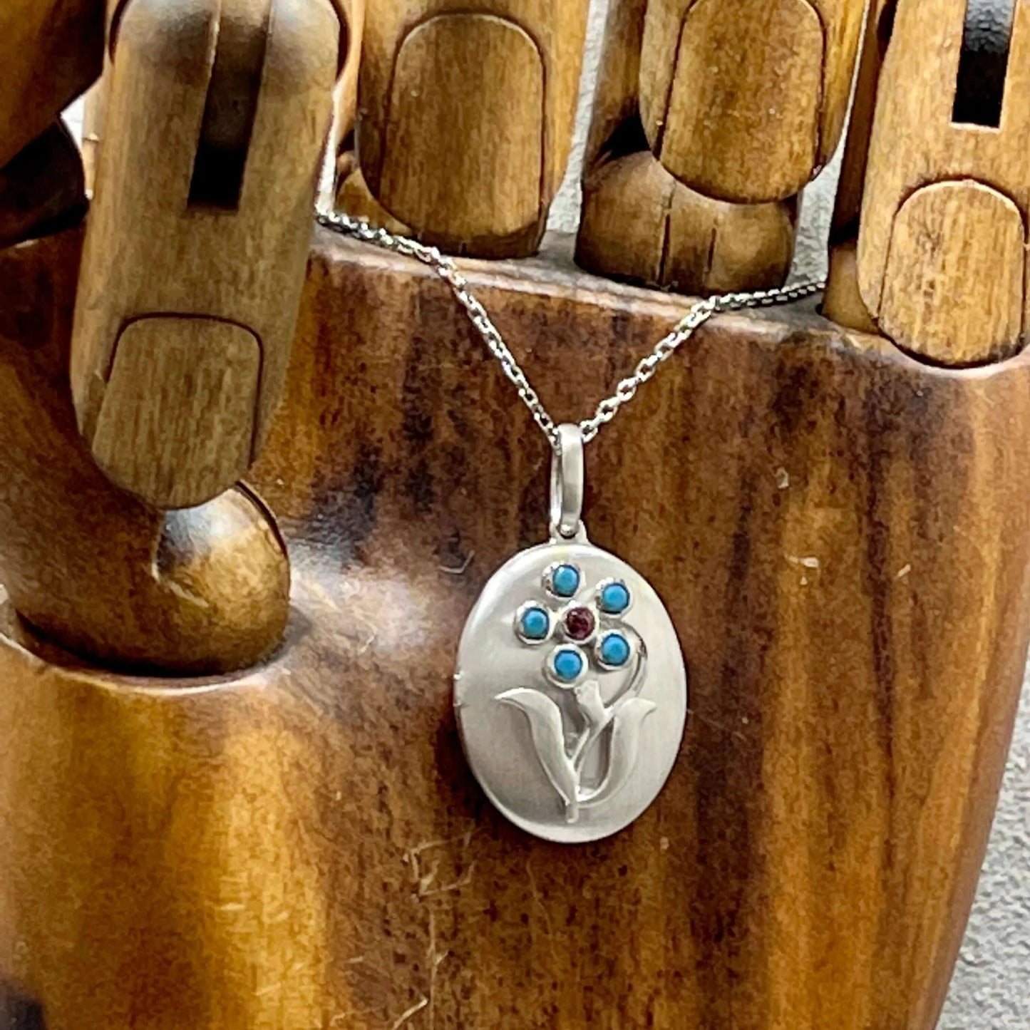 Arts & Crafts Style Forget Me Not Flower Locket With Turquoise in Sterling Silver - Twelve Silver Trees