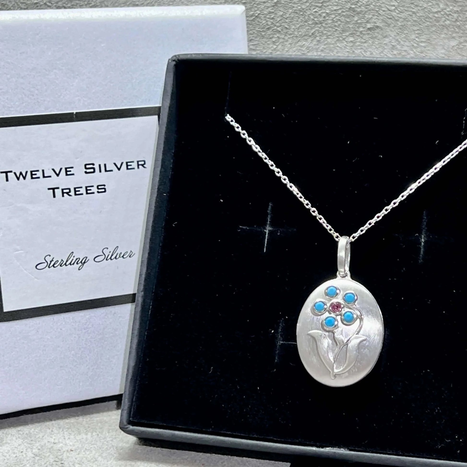 Arts & Crafts Style Forget Me Not Flower Locket With Turquoise in Sterling Silver - Twelve Silver Trees