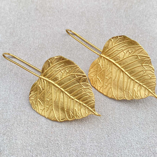 Banyan Tree Leaf Large Gold Vermeil Earrings. - Twelve Silver Trees