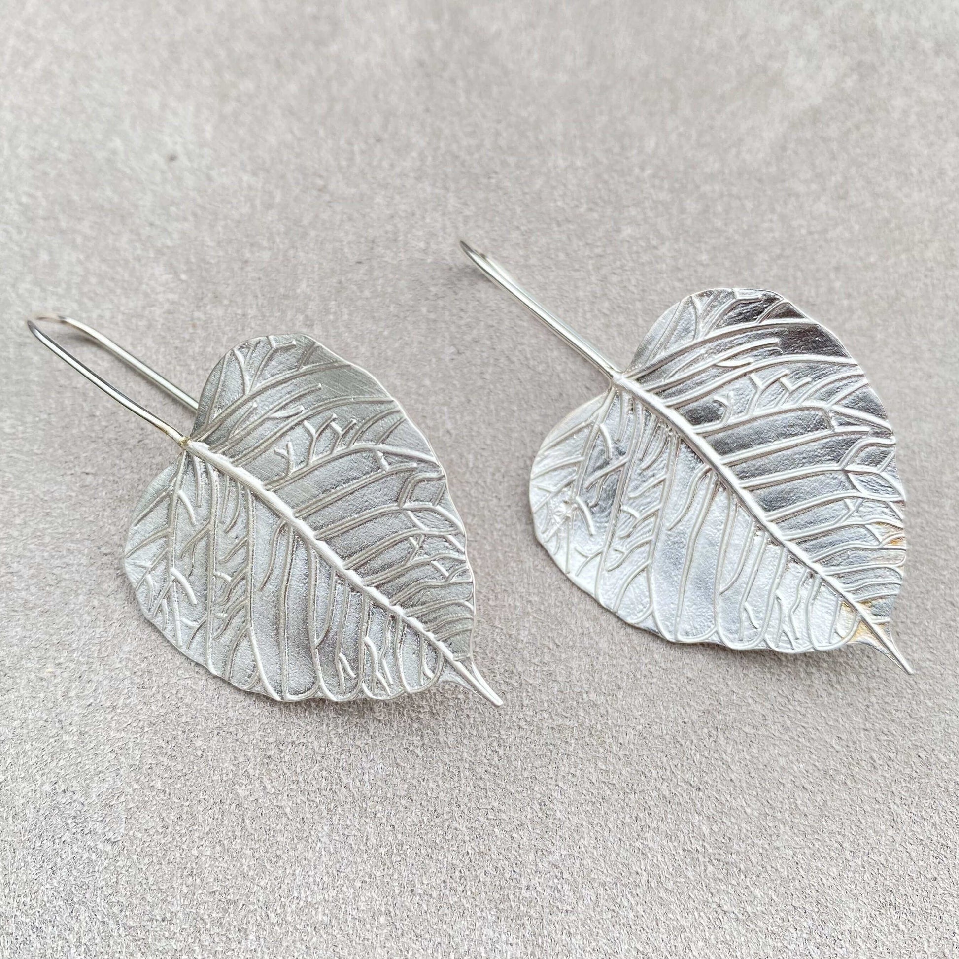 Banyan Tree Large Sterling Silver Leaf Earrings. - Twelve Silver Trees