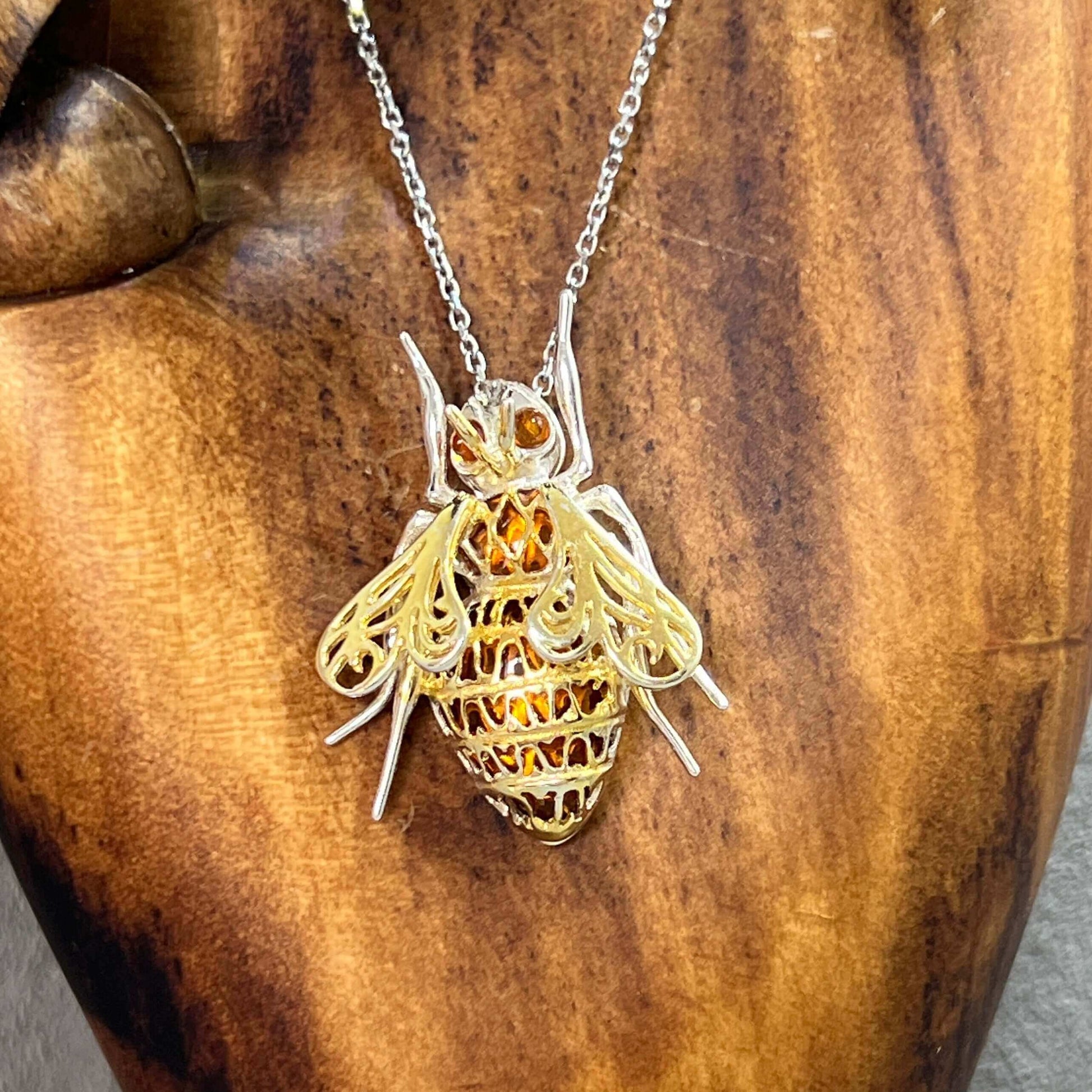 Baltic Amber Fly Pendant In Sterling Silver & 14 Carat Gold - Twelve Silver Trees