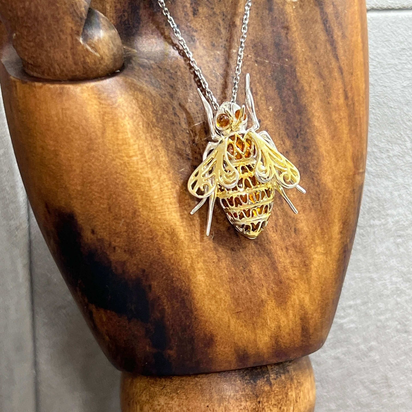 Baltic Amber Fly Pendant In Sterling Silver & 14 Carat Gold - Twelve Silver Trees