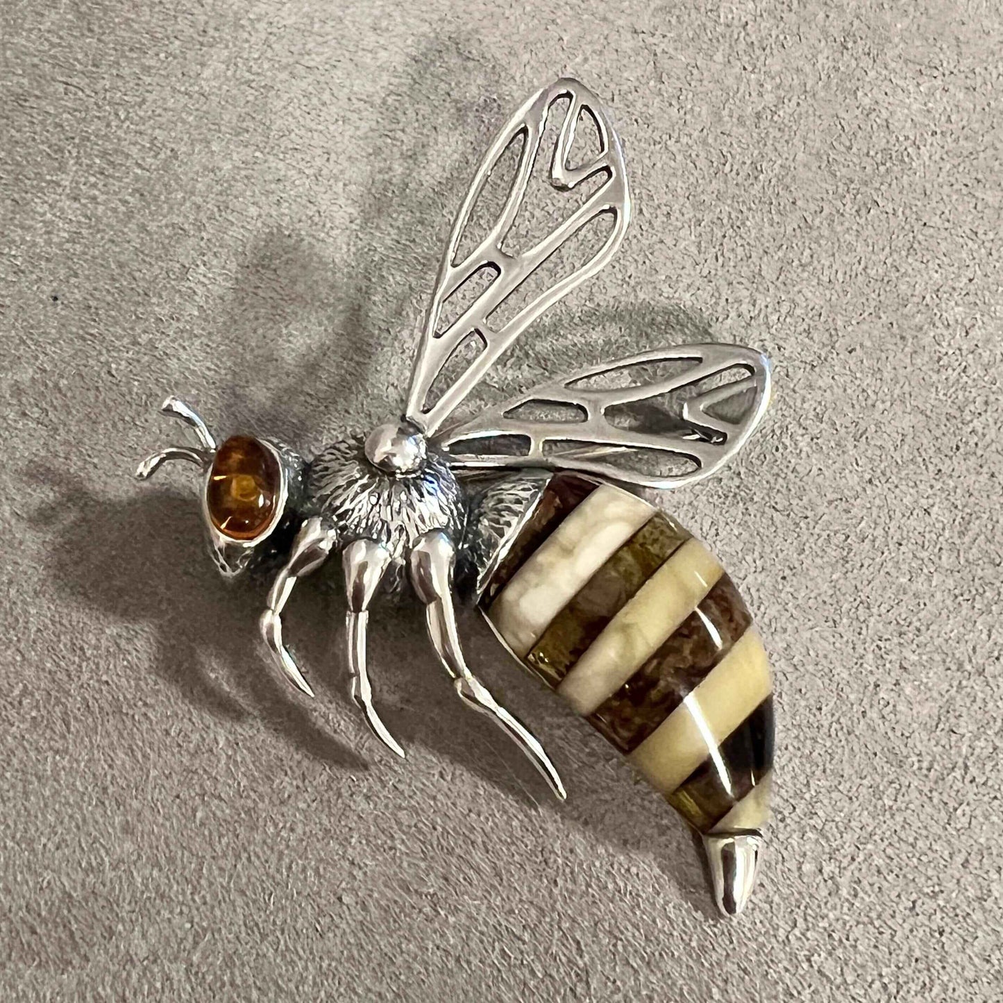 Baltic Amber Bee Extra Large Sterling Silver Brooch - Twelve Silver Trees