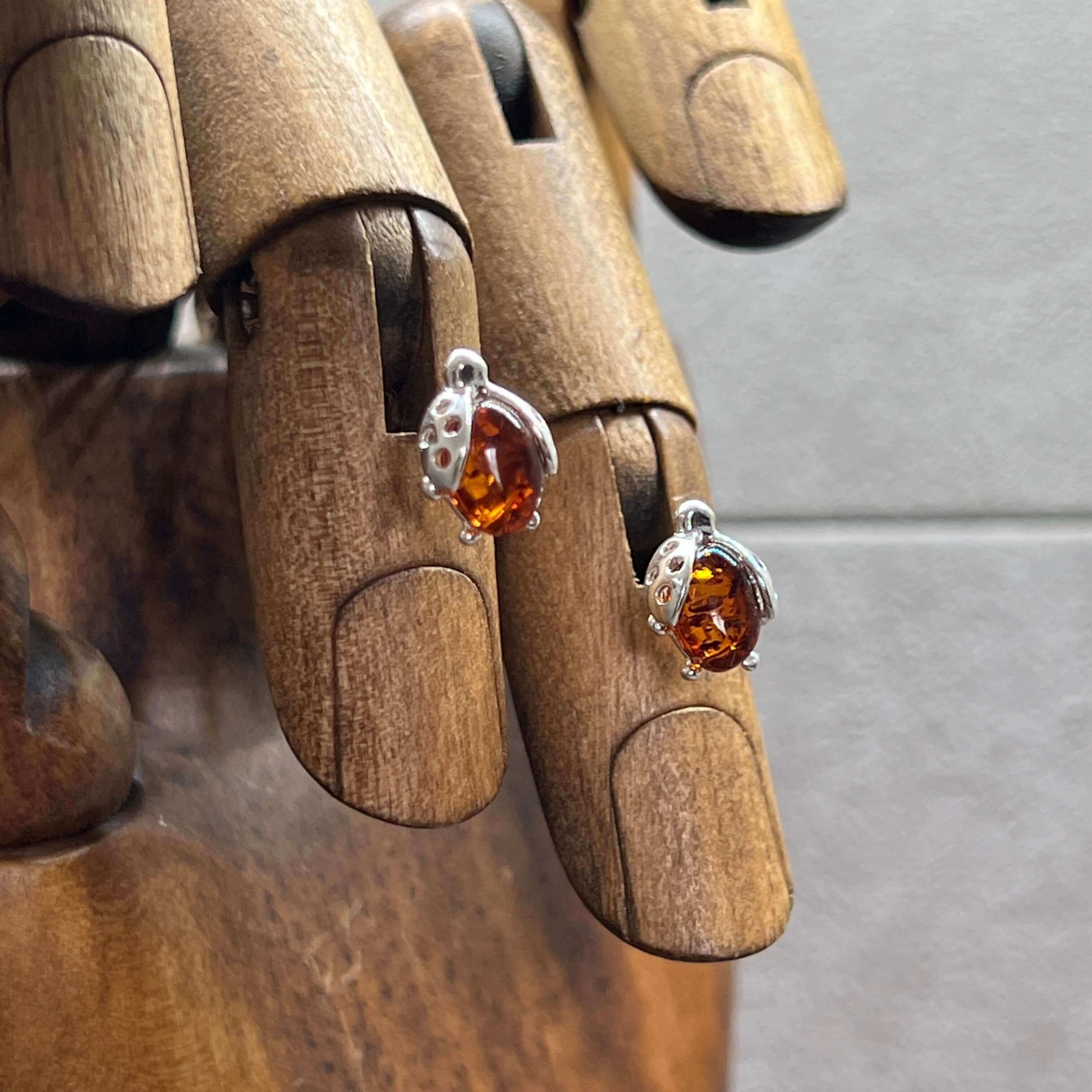 Baltic Amber Ladybird Stud Sterling Silver Earrings - Twelve Silver Trees