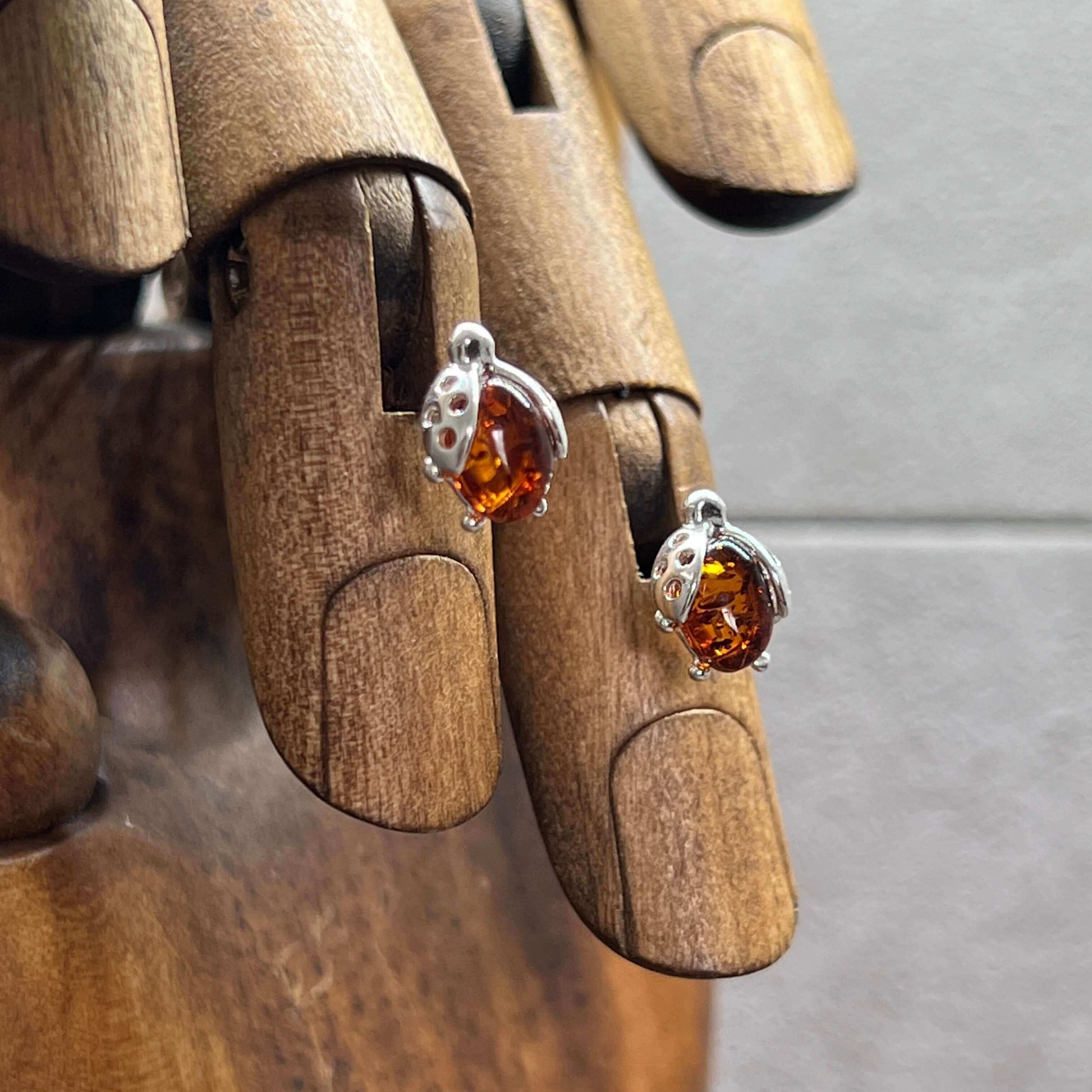 Baltic Amber Ladybird Stud Sterling Silver Earrings - Twelve Silver Trees
