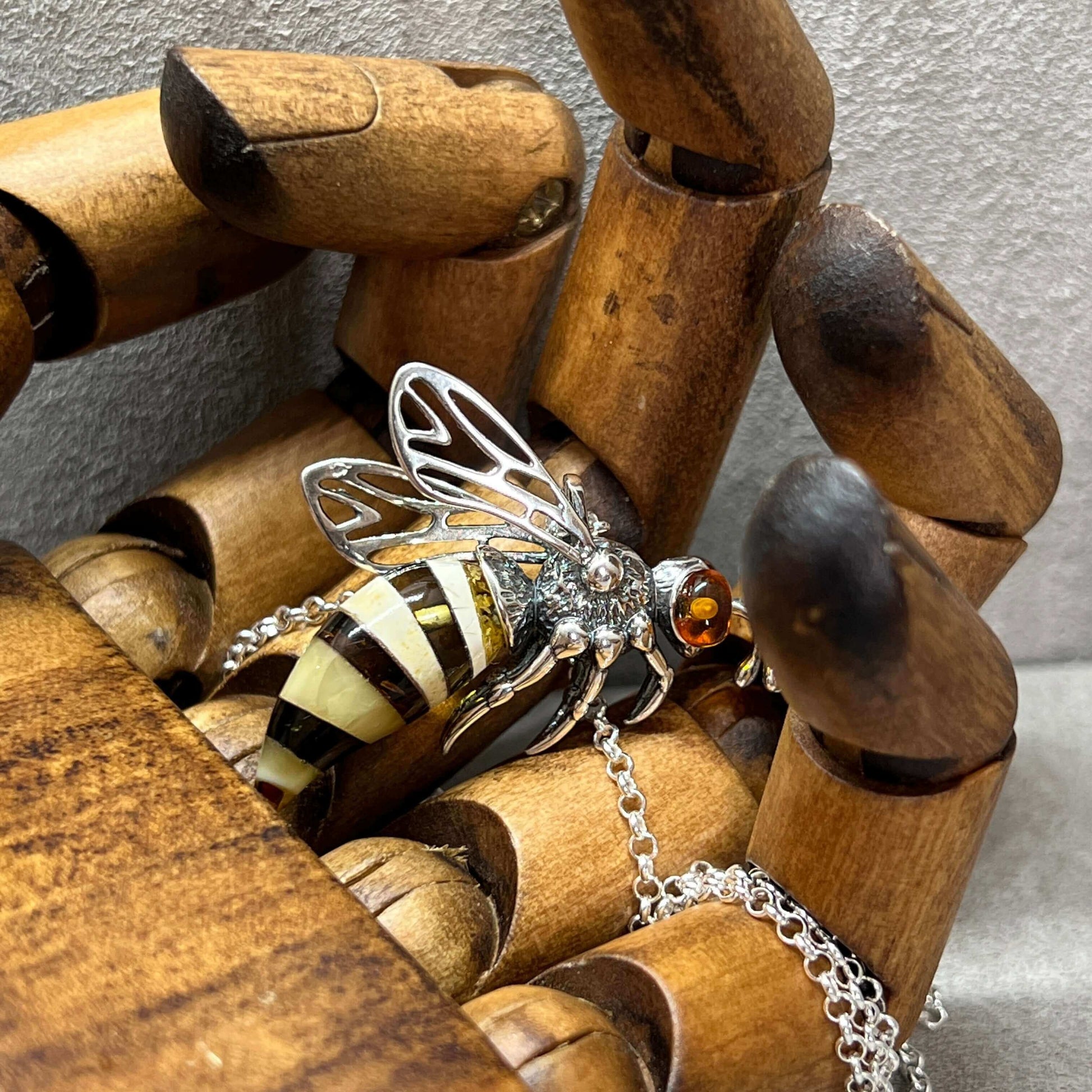 Baltic Amber Large Bee Sterling Silver Pendant - Twelve Silver Trees