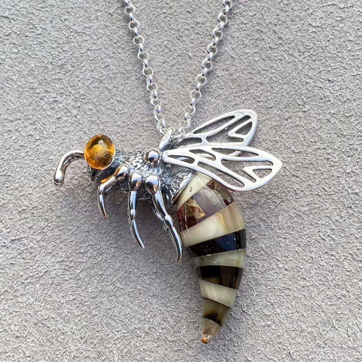Baltic Amber Large Bee Sterling Silver Pendant - Twelve Silver Trees