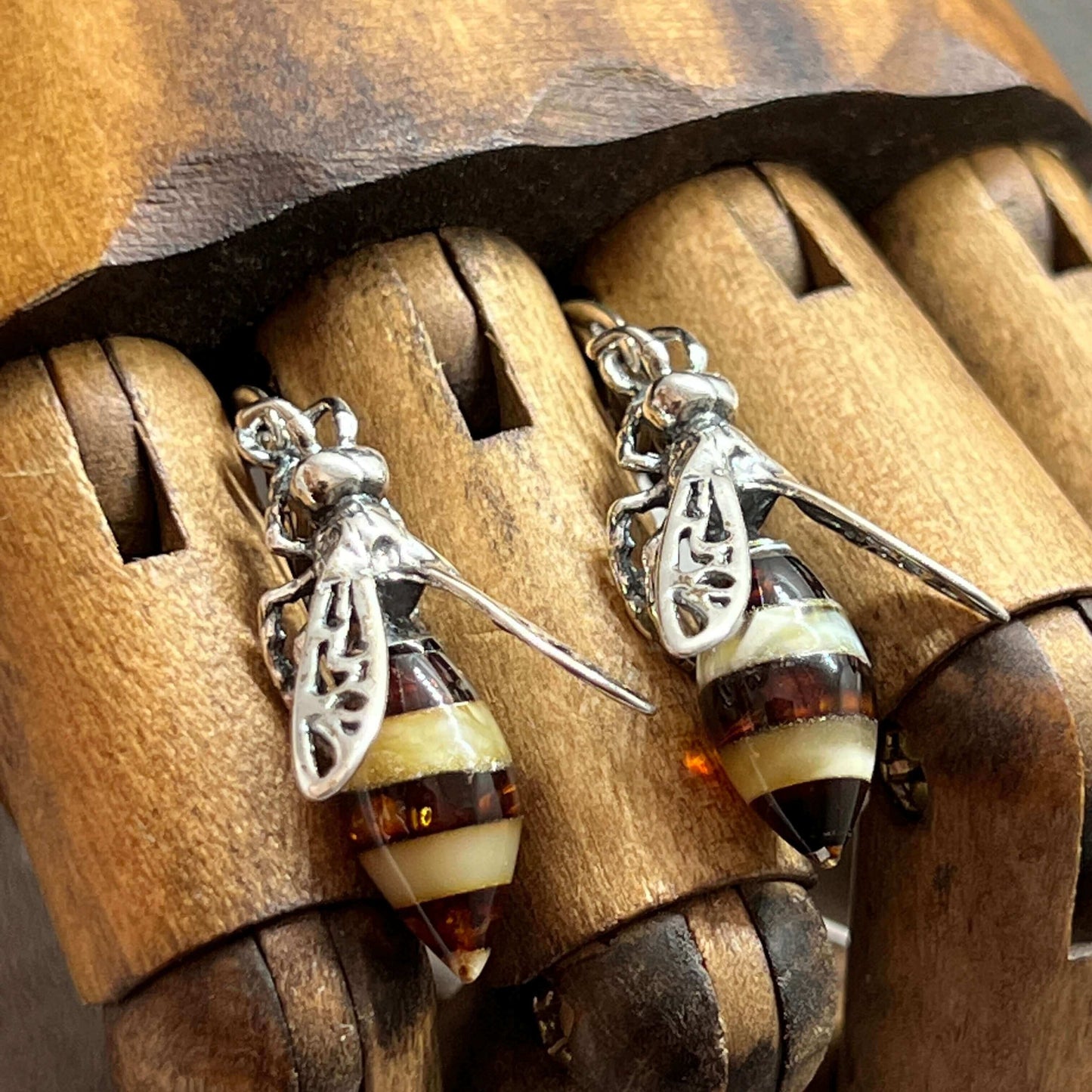 Baltic Amber Medium Bee Sterling Silver Drop Earrings - Twelve Silver Trees