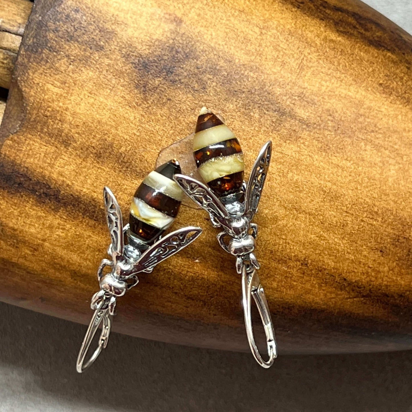 Baltic Amber Medium Bee Sterling Silver Drop Earrings - Twelve Silver Trees